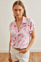 Women's White Pink Rose Print Flowy Bat Shirt Gml- 19001218 - 3