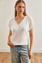 Women's White V-Neck Flowy Basic Knitwear Blouse Blz- 19002663 - 3