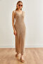 Women's Beige Strap Lined Openwork Knitwear Dress Elb- 19002174