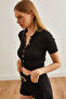 Flexible Knitwear Crop Blouse - Polo Neck, Metal Button, BLZ-19002655 - 2