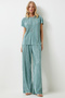 Women's Aqua Green Pleated Casual Blouse Pants Suit Mc00283