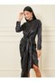 Satin Jacquard Print Tie Up Detail Shirt Midi Dress - 2