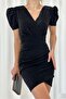 Black Stretchy Glitter Crepe Fabric Double Breasted Collar Princess Sleeve Design Mini Dress 582048 - 5
