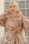 4037 Belted Patterned Dress Milk Coffee - 5