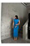 Blue Ottoman Fabric Sleeveless Padded Shoulders Side Ruched Draped Midi Length Dress 4252 - 6