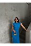Blue Ottoman Fabric Sleeveless Padded Shoulders Side Ruched Draped Midi Length Dress 4252 - 4