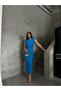 Blue Ottoman Fabric Sleeveless Padded Shoulders Side Ruched Draped Midi Length Dress 4252 - 5