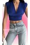 Sandy Blue Crop Blouse - Deep V-Neck and Corsage Detail - 5