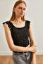 Women's Black Openwork Lace-Like Knit Knit Blouse with Shoulder Detail BLZ-19002660 - 3