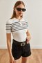 Women's White Striped Polo Neck Stretchy Blouse Blz- 19002651 - 2