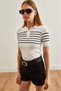 Women's White Striped Polo Neck Stretchy Blouse Blz- 19002651 - 4