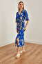 Flower Patterned Cobalt Blue Double-breasted Collar Belted Dress - ELB-19002176 - 4