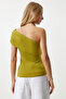 Women's Oil Green Single Shoulder Drawstring Knitted Blouse Dz00112 - 7