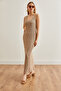 Women's Beige Strap Lined Openwork Knitwear Dress Elb- 19002174 - 4