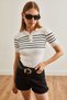 Women's White Striped Polo Neck Stretchy Blouse Blz- 19002651 - 3