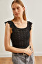 Women's Black Openwork Lace-Like Knit Knit Blouse with Shoulder Detail BLZ-19002660