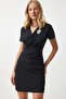 Women's Black Brooch Wrap Collar Mini Woven Dress De00032 - 3