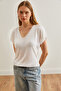 Women's White V-Neck Flowy Basic Knitwear Blouse Blz- 19002663 - 4