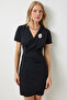 Women's Black Brooch Wrap Collar Mini Woven Dress De00032 - 2