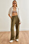Women's Khaki Elastic Waist Pocket Muslin Trousers Pnt- 19000279