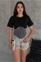 Women's Black Side Zip Detail Denim Paneled Cotton T-Shirt - 4