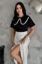 Women's Lapel Look Stone Studded Detailed Cotton T-Shirt - 3
