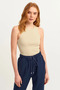 Women's Cream Ribbed T-shirt Halter Neck Knitted Tank Top - 2