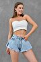 High Waist Light Blue Tasseled Leg Non-Lycra Flared Cut Light Blue Denim Shorts 70355 - 5