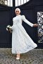 Sleeve Pleated Hijab Tulle Dress - Off White - 2