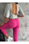 Women's Fuchsia Color Sweatpants with Stitching Details and Elastic Cuffs with Pockets - 3