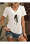 Women's / Girls' V-Neck Feather Pattern Printed White Oversize T-Shirt Casual Boyfirend