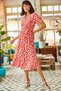 Women's Red Buttoned Belted Sleeve Detail Woven Viscose Dress ELB-19001524 - 2