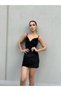 Women's Black Rope Strap Double Breasted Collar Velvet Dress