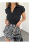 Women's Black Polo Neck Crop Blouse - Short Sleeve Camisole - 5