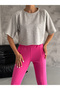 Women's Fuchsia Color Sweatpants with Stitching Details and Elastic Cuffs with Pockets - 4