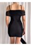 Black Thin Strap Dress with Tulle Detail on the Front - 2