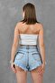 High Waist Light Blue Tasseled Leg Non-Lycra Flared Cut Light Blue Denim Shorts 70355 - 6