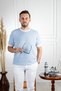 Interview Sarar 0 Collar Combination Rayon Fine Knit Blue T-Shirt - 4