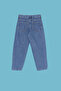 Koyu Mavi Erkek Çocuk Baggy Pamuklu Ayarlanabilir Lastikli Denim Pantolon Jean TKDSS24PL00005 - 9