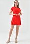 Stretch Fabric Shirt Collar Zipper Detail Hidden Pocket Short Sleeve Red Mini Dress 049 - 6
