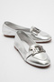 Genuine Leather Silver Colored Tots Buckle Women's Flats - 5