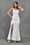 Lined White Strapless Neckline Corset Detail Slit Design Maxi Dress 167 - 6
