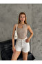 Women's Beige Asymmetrical Strappy Ottoman Fabric Crop Blouse - 2