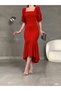 Princess Sleeve Skirt Flounced Square Neck Midi Length Crepe Fabric Evening Dress Wedding Engagement Promise Invitation - 4