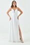 Lined Glitter Fabric Thin Straps V-Neck Slit Zipper Maxi Length White Evening Dress 39641 - 8
