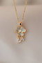 Pearl Clover Zircon Stone Dangle Crystal Solitaire Gold Steel Necklace - 3