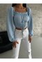 Women's Baby Blue Balloon Sleeve Tie-Up Corset Look Madonna Collar Diver Fabric Crop Blouse - 2