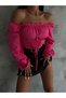 Women's Fuchsia Balloon Sleeve Tie up Corset Look Madonna Collar Diver Fabric Crop Blouse - 5