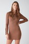 Cutıe Kadın Fitilli Esnek Kumaşlı Bodycon Fit Metal Düğmeli Mini Kahverengi Elbise - 2