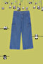 Koyu Mavi Kız Çocuk Wide Leg Kargo Cepli Pamuklu Lastikli Denim Pantolon Jean TKDSS24PL00001 - 2